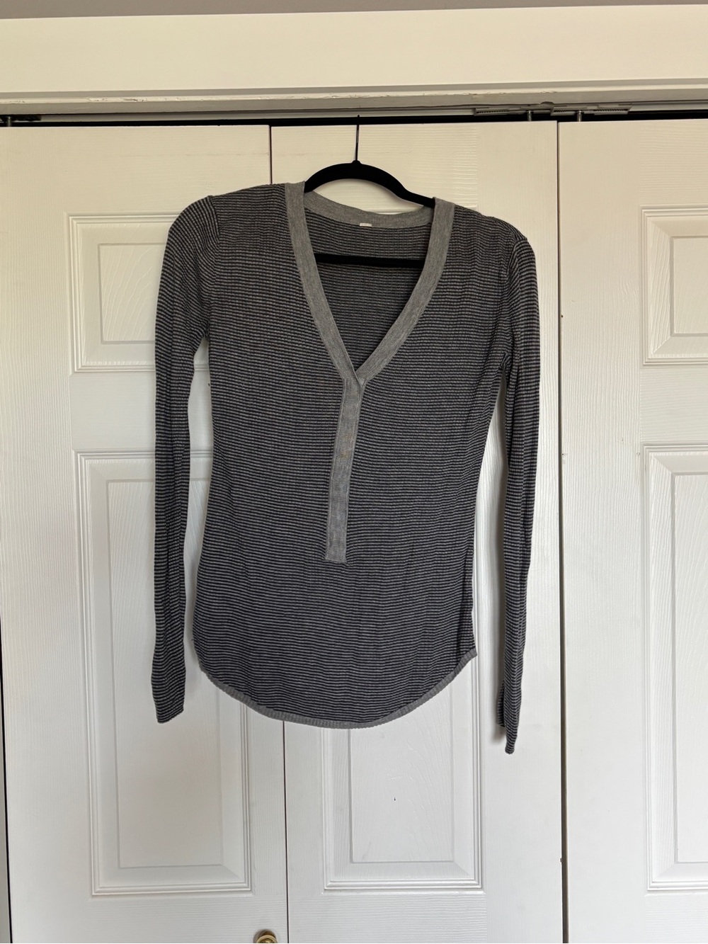 lululemon athletica Gray Stripe Long Sleeve V-Neck Top